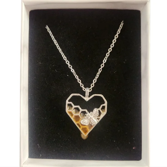 Silver Tone Honey Bee in Honeycomb Heart Necklace - Picture 3 of 4